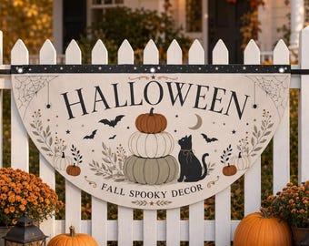 Neutral Halloween Bunting Flag Pumpkin Cat Porch Decor Farmhouse Fall Semi Circle Fan Banner Outdoor Halloween Fence Decor