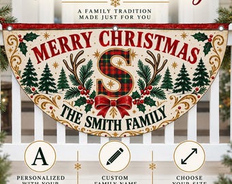 Farmhouse Christmas Porch Decor, Custom Family Name Bunting, Vintage Holiday Banner