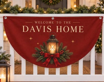 Personalized Christmas Bunting, Family Name Welcome Home Porch Decor, Christmas Lantern Semicircle Flag, Elegant Holiday Railing Decor
