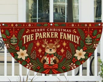 Personalized Reindeer Christmas Bunting, Family Name Porch Decor, Custom Semicircle Holiday Flag, Outdoor Railing Decor