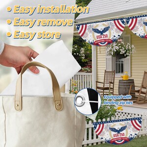 USA 250 Patriotic Bunting Flag – Semiquincentennial 1776–2026 

Bold red, white, and blue in a classic half-circle fan design — the most iconic way to show your American pride from the porch, railing, balcony, or storefront.
 
Commemorating the historic 250th Anniversary of the United States — a once-in-a-lifetime decoration for a once-in-a-lifetime milestone. Featuring a soaring bald eagle, fireworks, gold laurel wreath, and the bold "USA 250 · Semiquincentennial ·