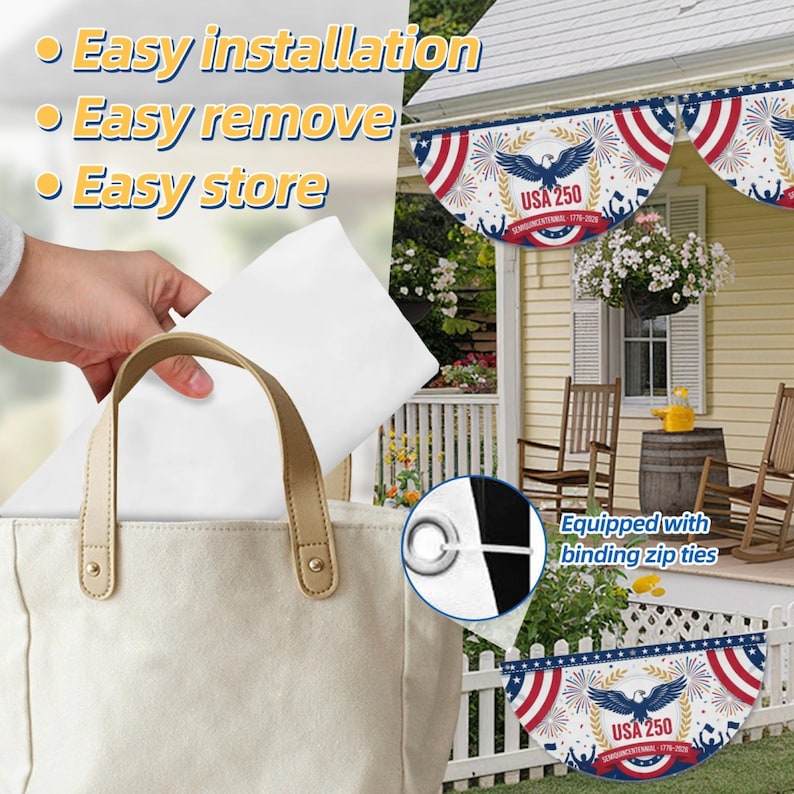 USA 250 Patriotic Bunting Flag – Semiquincentennial 1776–2026 

Bold red, white, and blue in a classic half-circle fan design — the most iconic way to show your American pride from the porch, railing, balcony, or storefront.
 
Commemorating the historic 250th Anniversary of the United States — a once-in-a-lifetime decoration for a once-in-a-lifetime milestone. Featuring a soaring bald eagle, fireworks, gold laurel wreath, and the bold "USA 250 · Semiquincentennial ·