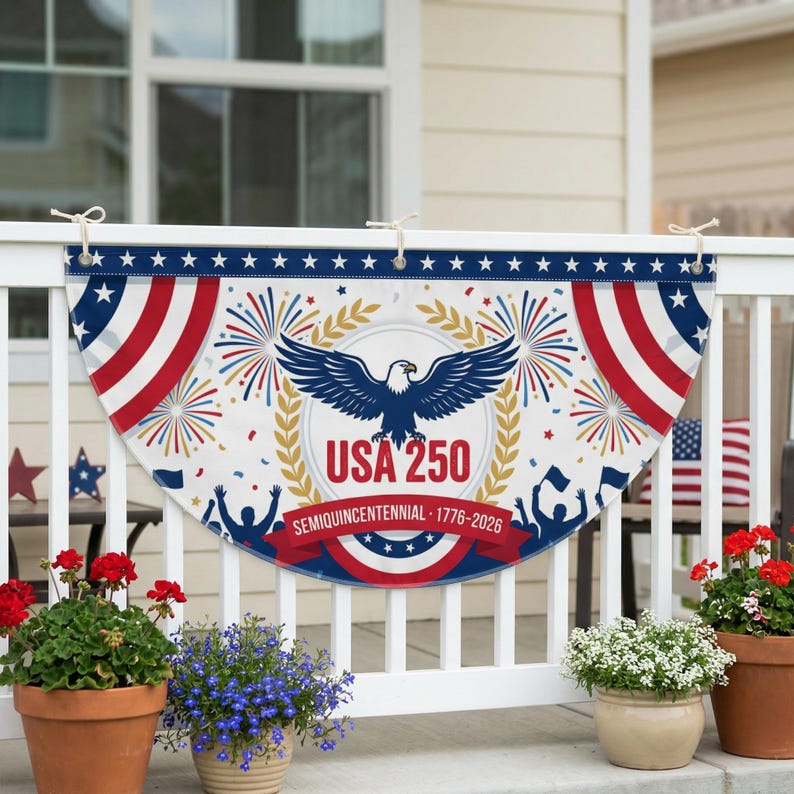 USA 250 Patriotic Bunting Flag – Semiquincentennial 1776–2026 

Bold red, white, and blue in a classic half-circle fan design — the most iconic way to show your American pride from the porch, railing, balcony, or storefront.
 
Commemorating the historic 250th Anniversary of the United States — a once-in-a-lifetime decoration for a once-in-a-lifetime milestone. Featuring a soaring bald eagle, fireworks, gold laurel wreath, and the bold "USA 250 · Semiquincentennial ·