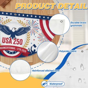 USA 250 Patriotic Bunting Flag – Semiquincentennial 1776–2026 

Bold red, white, and blue in a classic half-circle fan design — the most iconic way to show your American pride from the porch, railing, balcony, or storefront.
 
Commemorating the historic 250th Anniversary of the United States — a once-in-a-lifetime decoration for a once-in-a-lifetime milestone. Featuring a soaring bald eagle, fireworks, gold laurel wreath, and the bold "USA 250 · Semiquincentennial ·