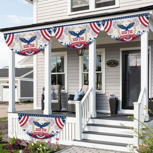 USA 250 Patriotic Bunting Flag – Semiquincentennial 1776–2026 

Bold red, white, and blue in a classic half-circle fan design — the most iconic way to show your American pride from the porch, railing, balcony, or storefront.
 
Commemorating the historic 250th Anniversary of the United States — a once-in-a-lifetime decoration for a once-in-a-lifetime milestone. Featuring a soaring bald eagle, fireworks, gold laurel wreath, and the bold "USA 250 · Semiquincentennial ·