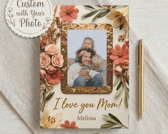 Personalized Photo Journal for Mom Gift, Floral Gold Frame Custom Picture Notebook, Luxury Mothers Day Keepsake Book From Daughter