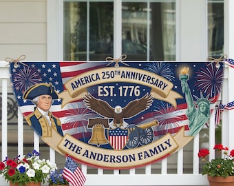 250th Anniversary USA Fan Flag Personalized, George Washington Liberty Eagle Porch Bunting, Custom Family Name Patriotic July 4th Decor