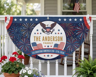 Personalized America 250 Family Bunting Flag Banner – Custom Name Celebrating America 1776–2026 – Patriotic Porch Railing Decor