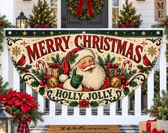 Vintage Santa Christmas Porch Banner, Holly Jolly Semicircle Bunting