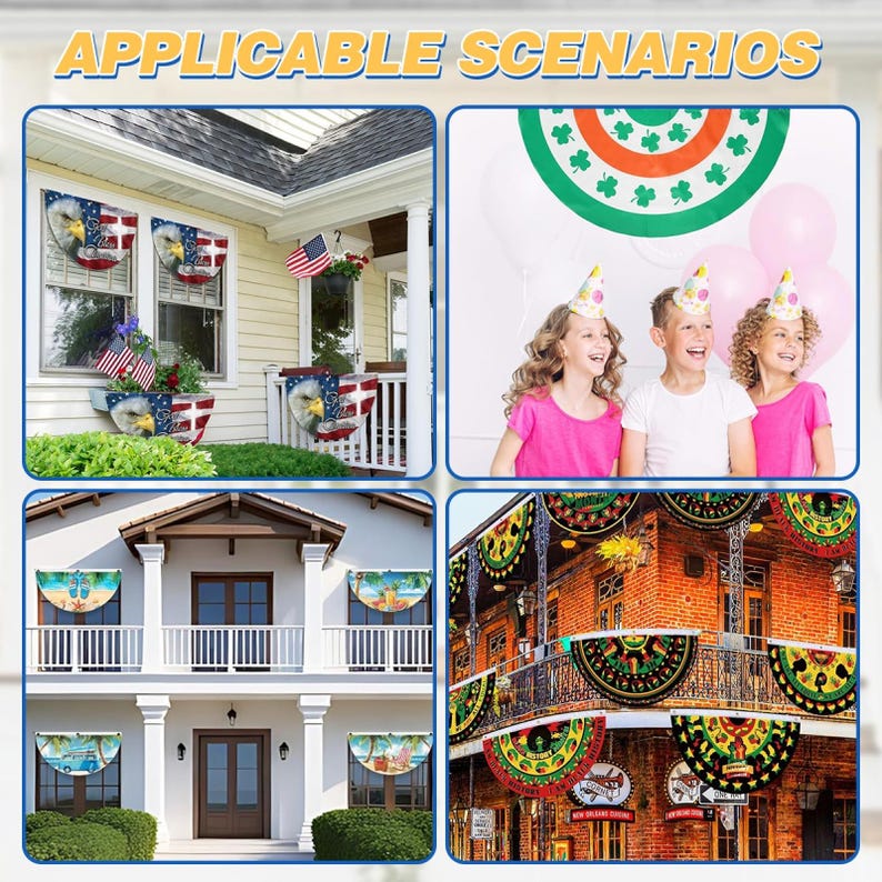 May include: The image showcases various decorative banners and flags for different occasions. The top left shows patriotic American flags and eagle-themed banners. The top right features a St. Patrick's Day theme. The bottom images show beach and New Orleans themed banners.
