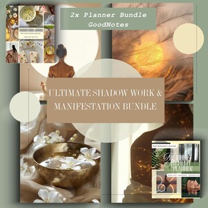 Könnte beinhalten: Ein digitales Planer-Bundle mit dem Text "2x Planner Bundle GoodNotes" und "Ultimate Shadow Work & Manifestation Bundle". Das Bild zeigt eine Schüssel mit Wasser und Blumen, eine Frau und einen Planer mit dem Text "The Inner Alchemy Planner."