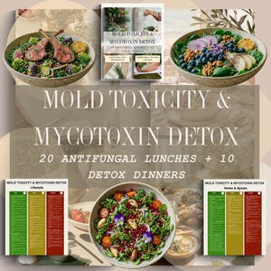 Puede incluir: Una imagen compuesta que presenta comidas saludables y materiales informativos. El texto central dice "MOLD TOXICITY & MYCOTOXIN DETOX" con detalles sobre almuerzos antifúngicos y cenas detox. También se ven cuencos de ensaladas y un folleto.