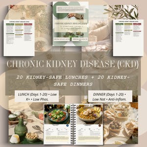 Könnte beinhalten: Ein Kochbuch mit dem Titel "Chronic Kidney Disease (CKD)" zeigt Nieren-freundliche Mittags- und Abendessen-Rezepte. Das Cover zeigt Text und Essensbilder. Das spiralgebundene Buch präsentiert verschiedene Gerichte, mit Textangaben.