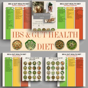 Könnte beinhalten: Eine Sammlung von Diagrammen und ein Büchlein mit dem Titel "IBS & Darmgesundheitsdiät". Die Diagramme kategorisieren Lebensmittel in "Essen", "Einschränken" und "Vermeiden", mit Überschriften wie "Obst & Gemüse" und "Proteine & Meeresfrüchte". Das Büchlein enthält einen 4-Wochen-Essensplan.