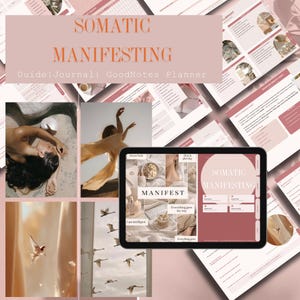 Può includere: Un planner digitale con le parole "Somatic Manifesting" in color pesca. L'immagine include un tablet che mostra il planner, insieme ad altre immagini e testo. Il tema generale è la cura di sé e la tenuta di un diario.