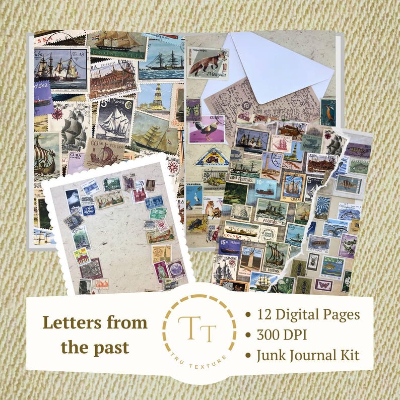 Vintage Postage Stamps Digital Paper, Letters From the Past, Junk ...