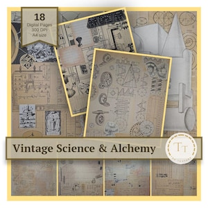 May include: A collection of 18 digital pages featuring vintage science and alchemy themes on tan paper. The designs include technical drawings of gears, mechanical schematics, architectural sketches, and historical illustrations with text.