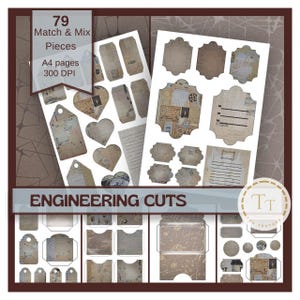 May include: A digital collage sheet titled Engineering Cuts featuring 79 match and mix pieces on A4 pages at 300 DPI. The set includes various die-cut shapes like tags, hearts, and labels with vintage-style paper textures, script, and technical diagrams.