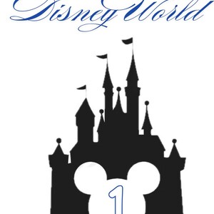 May include: A black silhouette of a castle with flags, and a Mickey Mouse head shape with the number 1 in blue. The words "Disney World" are written in blue script above the castle.