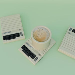 Pode incluir: Três porta-copos em tom esbranquiçado com formato de computadores domésticos vintage, cada um com um gráfico de teclado preto e o texto Coaster 64. Um porta-copos sustenta uma caneca cilíndrica cheia de uma bebida de café espumosa castanho-clara.