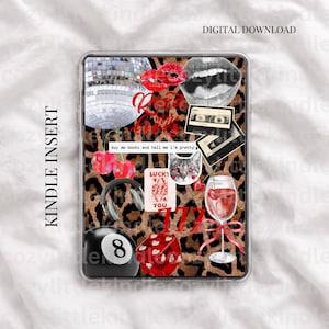 May include: Kindle insert with a leopard print background, featuring a disco ball, red lips, a cassette tape, cherries, headphones, a cat with glasses, a wine glass, a lucky card, a dice, and an 8-ball. Text includes "Retro Vibes" and "buy me books and tell me I'm pretty."