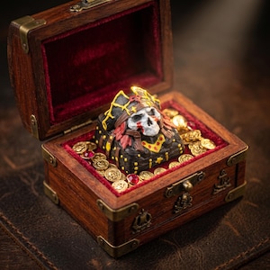 May include: A wooden treasure chest with brass accents, lined with red velvet, is open to reveal a skull figurine adorned with a feathered headdress. The chest is filled with gold coins and red jewels, creating a pirate theme.