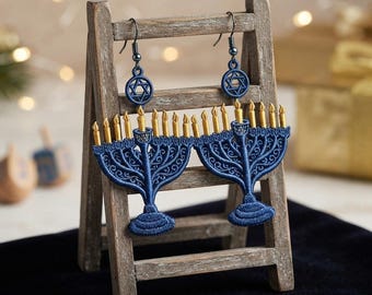 FSL Hanukkah Earrings Embroidery Design, Free Standing Lace Jewelry (2.8" Size)