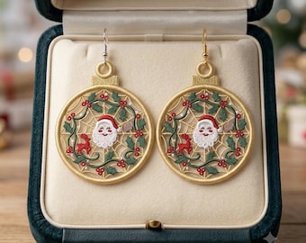 Weihnachten Santa FSL Ohrringe, 2,8 "4x4 Hoop-Design, festliche Kugeln Spitze Stickerei Schmuck, Weihnachten Urlaub baumeln Geschenk Accessoire