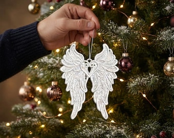 Angel Wings Heart Ornament, Lace Embroidery Design, Christmas Tree Decoration 3.8" (Digital Download)