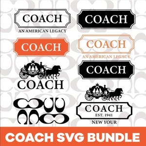 May include: A digital graphic collection featuring various Coach brand logos, including text-based labels with the phrases AN AMERICAN LEGACY and EST. 1941, alongside black and orange rectangular frames, horse-drawn carriage silhouettes, and the iconic C logo.
