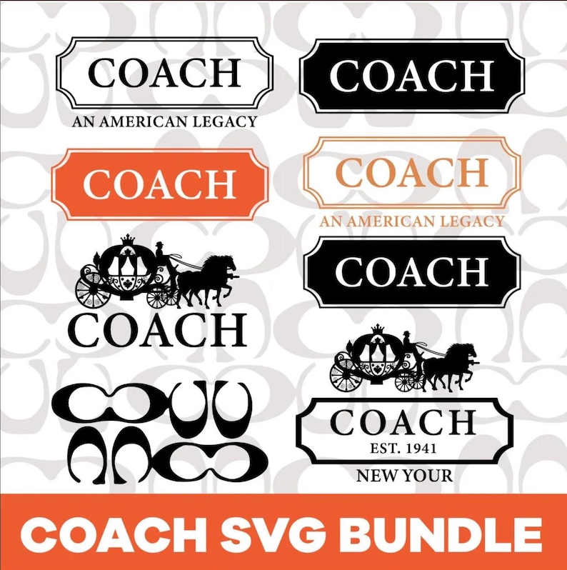 May include: A digital graphic collection featuring various Coach brand logos, including text-based labels with the phrases AN AMERICAN LEGACY and EST. 1941, alongside black and orange rectangular frames, horse-drawn carriage silhouettes, and the iconic C logo.