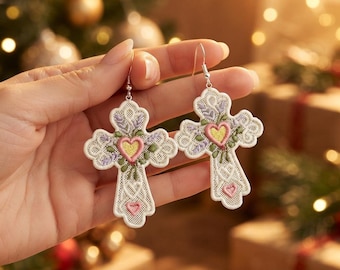 Floral Cross Freestanding Lace Earrings, Heart Lavender Embroidery Design (2.8 Inch)