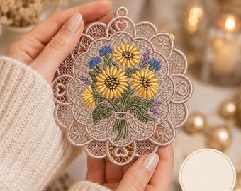 Wzór haftu koronkowego ze słonecznikiem | Kwiatowy ornament koronkowy FSL | Serwetka haftowana maszynowo | Pobieranie cyfrowe