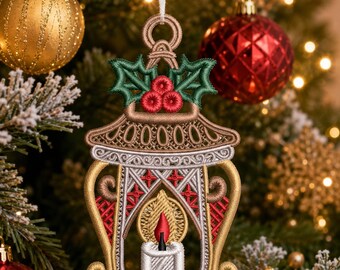 Diseño de bordado de farol navideño FSL, patrón de adorno navideño de encaje independiente, descarga de archivo de bordado a máquina