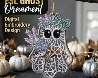 Cute Ghost Lace Embroidery Design, Floral Ghost Applique Embroidery Pattern, Halloween Bow Ghost Machine Embroidery, Spooky Cute Decor