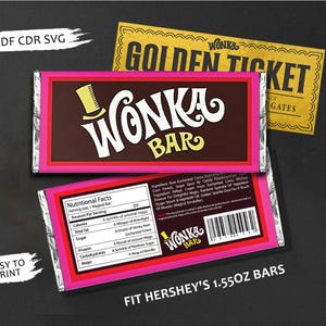 Puede incluir: Dos envoltorios de barras de chocolate Wonka Bar con un borde rosa y las palabras "Wonka Bar" en una fuente caprichosa. El envoltorio superior tiene un gráfico de sombrero de copa. Un "Golden Ticket" amarillo está en el fondo. Los envoltorios están diseñados para barras Hershey's de 43,9 g.
