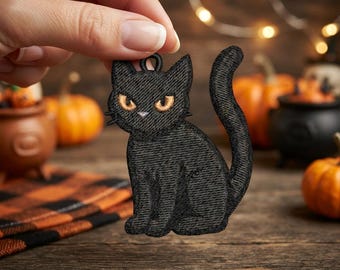 Black Cat FSL Ornament Embroidery Design, Halloween Freestanding Lace Cat Hanging Decoration, Machine Embroidery File 2.8 & 3.8 Inch