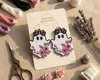 Cute Floral Ghost FSL Ornament Embroidery Design | Halloween Ghost Lace Ornament | Freestanding Lace Machine Embroidery | Instant Download