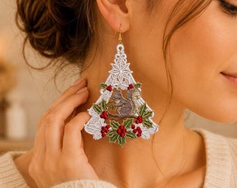 Eichhörnchen Stickdatei, Weihnachtsbaum Ornament, Maschinenstickerei, Waldtier Stickerei, Weihnachtsohrring Aufnäher