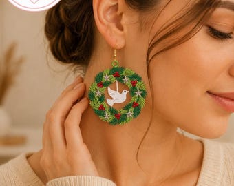 Weihnachtskranz Stickmuster, Friedenstaube Maschinenstickdatei, Adventskranz Stickdatei mit Sternen und Beeren