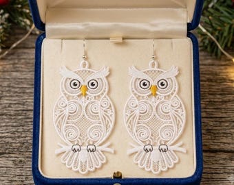 Eule hängend FSL Ohrring 2,8 '' freistehend Spitze Stickerei Sofortiger Download ITH Design Maschinenstickerei Datei Schmuck Geschenk Muster
