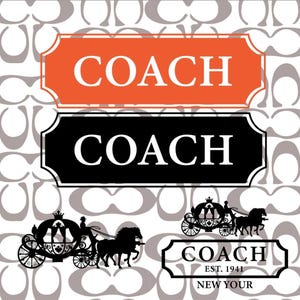 May include: A graphic design featuring a repeating grey logo pattern on a white background. It includes an orange rectangular sign with the text COACH, a black sign with the text COACH, and a black silhouette of a horse-drawn carriage.