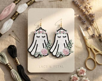 FSL Floral Ghost Ornament Embroidery Design, Free Standing Lace Halloween Ghost, Cute Spooky Floral Decor, Machine Embroidery File,
