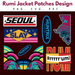Op de afbeelding: Een verzameling kleurrijke patches met diverse ontwerpen en tekst. De patches bevatten de woorden "SEOUL", "SLAY" en "HUNTRIX", samen met decoratieve elementen. De afbeelding toont ook de tekst "Rumi Jacket Patches Design".