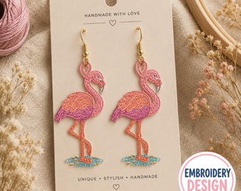 Flamingo FSL Earring Embroidery Design 2.8 Inch, Free Standing Lace Tropical Bird Earrings, Machine Embroidery, Beach Jewelry Gift