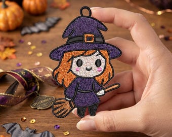 Cute Witch Girl Halloween Ornament Embroidery Design, Kawaii Witch Hanging Ornament, Machine Embroidery File, Halloween Decor