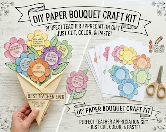 Manualidad de ramo de flores para agradecer a los maestros, regalo imprimible para la semana de agradecimiento a los maestros, actividad para colorear para niños.