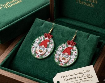 Motif de broderie de boucle d'oreille Gnome de Noël FSL, fichier de broderie Machine de boucles d'oreilles de vacances en dentelle sur pied, cadeau de bijoux de Noël Gnome 2,8 po