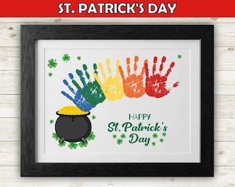 Druckbarer St. Patrick's Day Handabdruck Handwerk für Kinder, Andenken Kunst, Kleinkind Vorschule Kindergarten Homeschool Aktivität, Regenbogen Topf Gold
