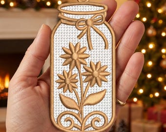 Floral Mason Jar FSL Ornament Embroidery Design, Daisy Flower Free Standing Lace Hanging Decor, Farmhouse Machine Embroidery PES